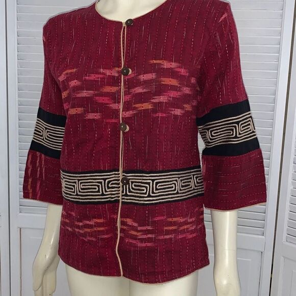Vintage Tribal Boho Aztec Burgundy Tapestry Jacket Large - Picture 8 of 12